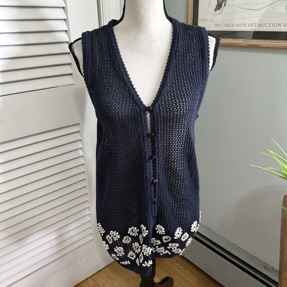 Vintage Capacity Sweater Vest Womens Medium Blue Open Knit Beaded 90s Boho Chic